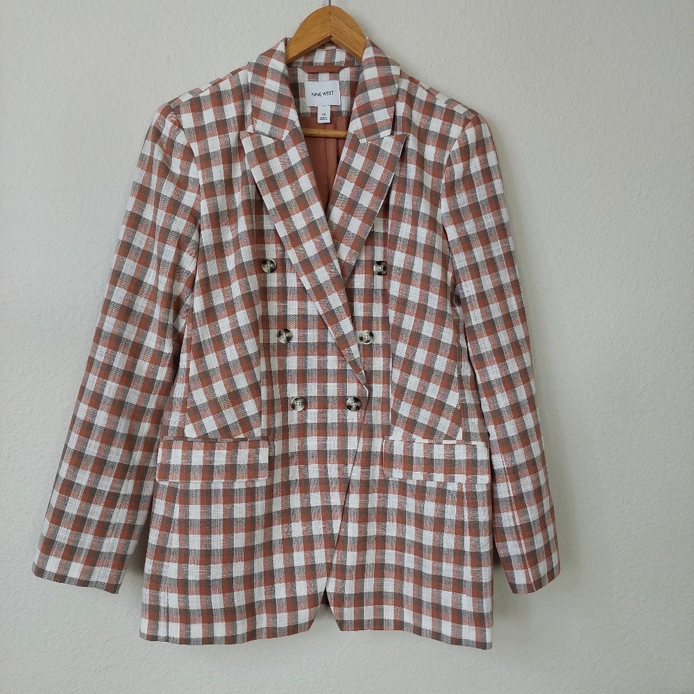 Nine West‎ Blazer Gingham Check Double Breasted Brown Blazer Size Medium